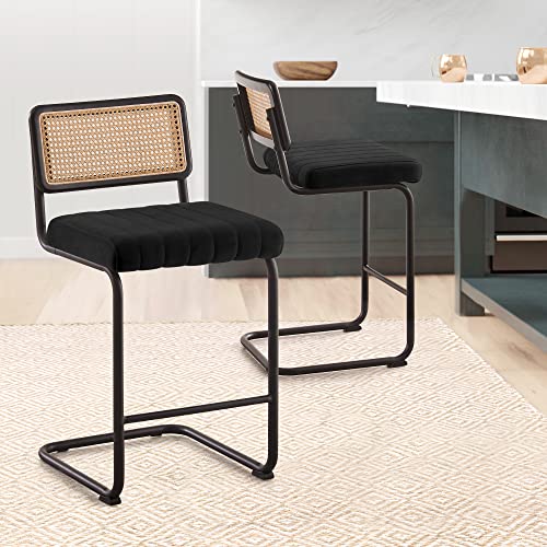 Counter Height Bar Stools Set of 2, 26" Rattan Counter Stool Velvet Upholstered Barstool with Cane Back & Metal Frame, Mid Century Modern Bar Chair Armless Kitchen Stool for Counter Island (Black)