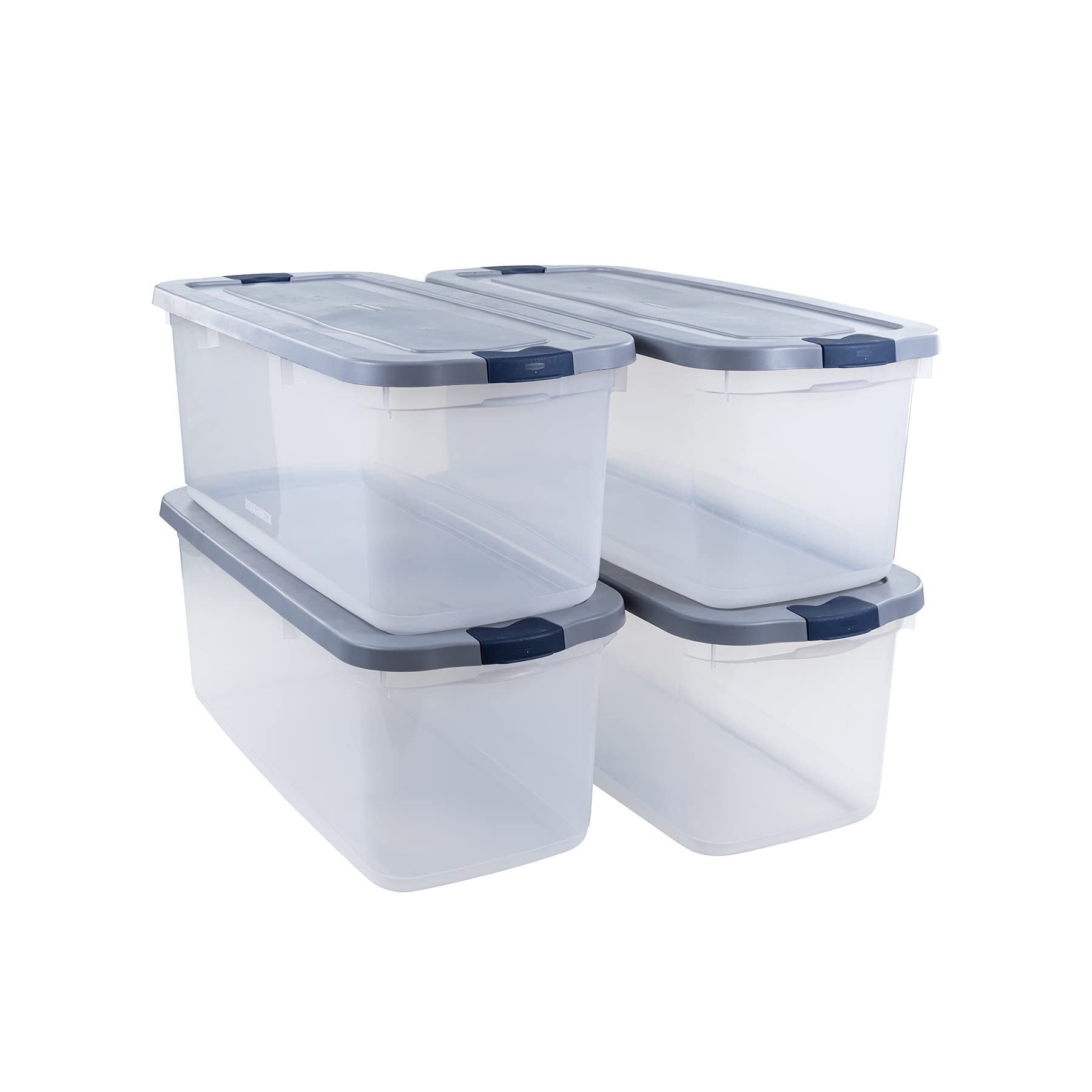 Rubbermaid Roughneck Clear 95 Qt/23.75 Gal Storage Containers, Pack of 4 with Latching Grey Lids, Visible Base, Sturdy and Stackable, Great for Storage and Organization