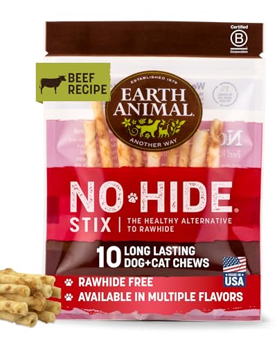 Earth Animal No Hide Stix Beef Flavored Natural Rawhide Free Dog Chews Long Lasting Chew Sticks |Treats for Small Dogs and Cats | Great for Aggressive Chewers 1.6 Oz