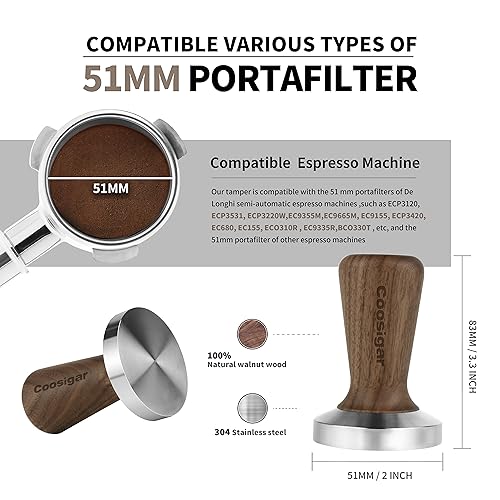 Coosigar 51mm Espresso Tamper,Premium Barista Coffee Tamper with 100% Flat Stainless Steel Base,Wooden-Handle Tamper Compatible with All 51mm Espresso Machine Bottomless Portafilter