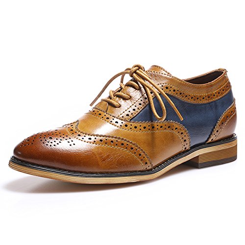 Mona flying Women's Stacked Heel Wingtip Oxfords Ladies Comfortable Lace-up Leather Brogue Shoes Brown-blue