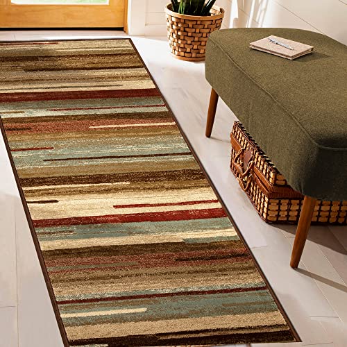 Superior Indoor Runner Rug, Jute Backed Modern Floor Decor for Home Hallway, Living Room, Office, Kitchen, Dining, Entryway, Bedroom, Abstract Lines, Fulgor Collection, 2' 7" x 8', Maroon