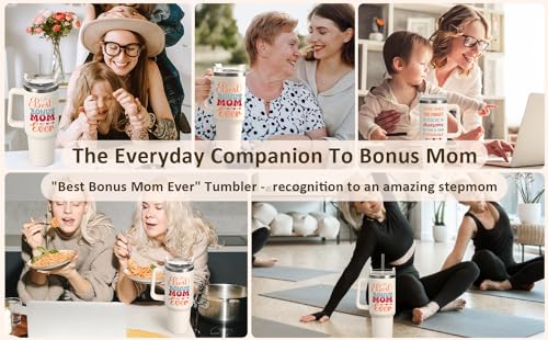 LiqCool Bonus Mom Birthday Gifts - 40 Oz Best Bonus Mom Ever Tumbler Gifts for Step Mom from Daughter Son, Unique Popular Stepmom Mother's Day Birthday Gift Ideas Cup(Cream)