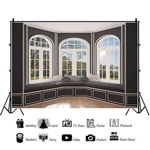 Baocicco 15x10ft Interior Room Balcony Photography Background Wedding Ceremony White Wall Bay Window Cushion Modern Villa Living Room Photo Backdrop Birthday Bride to Be Party Online Video Props