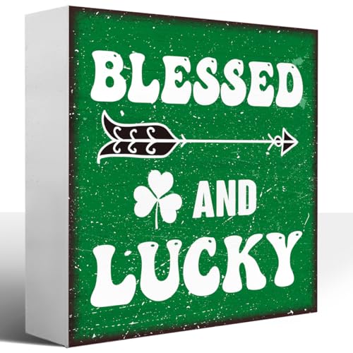 St Patricks Day Shamrock Wood Block Sign,Blessed and Lucky Wood Block Plaque Box Sign for Home Farmhouse Room Office Desk Table Decor,Irish St.Patrick's Day Wooden Box Decor