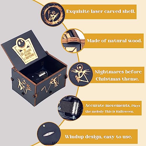 Kcikn The Nightmare Hand-cranked Musical Box, Wooden Engraved Music Box Playing Melody This is Halloween for Boys Girls,Big Size Music Box for Halloween Christmas Thanksgiving