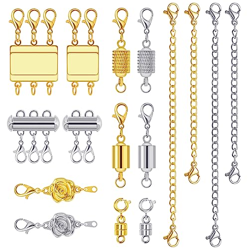 16 Pcs Magnetic Jewelry Clasps and Necklace Layering Clasp Necklace Extenders Gold Silver,Multiple Sizes and Styles Chain Extenders Magnetic Clasps for Jewelry Necklace Bracelet