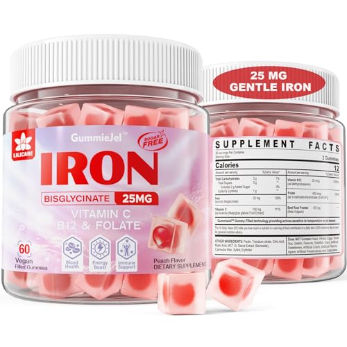 Vegan Iron Gummies Supplement for Women plus Vitamin C 100mg, Beet Root, Vitamin B12, Folate for Iron Deficiency, Anemia, Energy Boost, Sugar Free Gentle Iron, Non-Constipating, No After Taste, 60 Cts