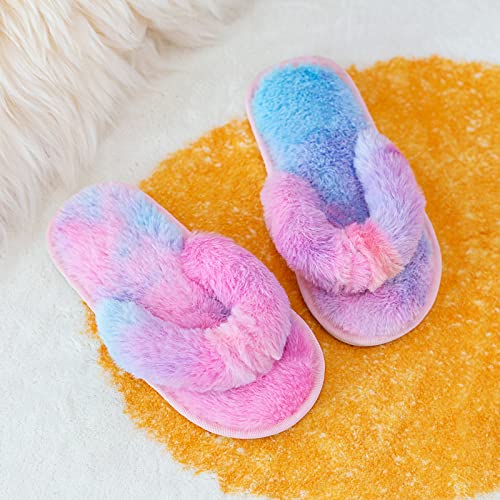 techcity Boys Girls Fuzzy Flip Flop Slippers Kids Cute Soft Comfy Open Toe Fluffy Slip On Thong Flat Sandals House Home Fur Slides Indoor Outdoor (9-10, Rainbow, numeric_9)