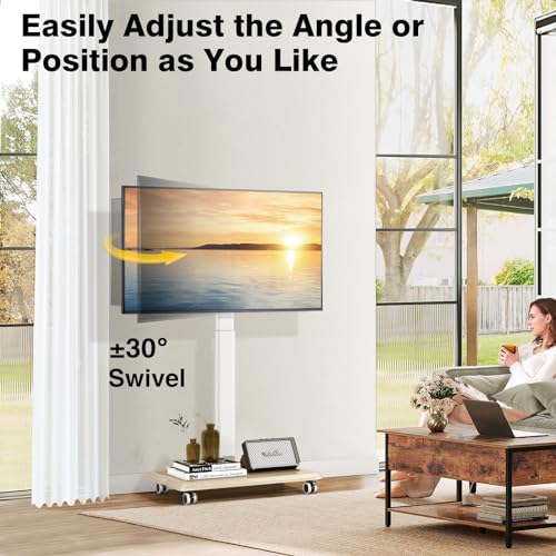 TVON Rolling TV Stand for 32 to 65 70 Inch TVs, Elegant Floor TV Stand with Wheels, Mobile TV Stand with 9 Levels of Height Adjustment for Optimal Viewing, White TV Stands for Living Room, Outdoor