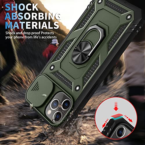 PASNEW for iPhone 11 Pro Max Case,Magnetic Car Mount Holder Kickstand & Camera Cover Slide,Charge Port Dust Plug,Military Rugged Heavy Duty Full Body Shockproof Drop Shell 11Promax,Army Green