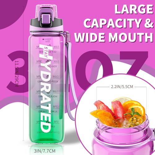 Water Bottle, 32 oz Motivational Water Bottles with Time Marker-Tritan & BPA Free, Sports Water Bottle with Time to Drink & Strap, Wide Mouth, Leakproof -Gift for Christmas Gym Fitness & Outdoor