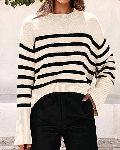 KIRUNDO Women's Striped Knit Oversized Fall Sweaters 2024 Trendy Clothes Crewneck Winter Pullover Sweater Side Split(White, Medium)