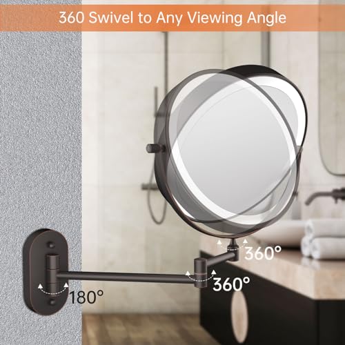 Rechargeable Wall Mounted Lighted Makeup Vanity Mirror 8 Inch Double Sided 1X 10X Magnifying Bathroom Mirror, 3 Color Lighting, Touch Dimming, Extended Arm 360 Rotation Light up Mirror Antique Bronze