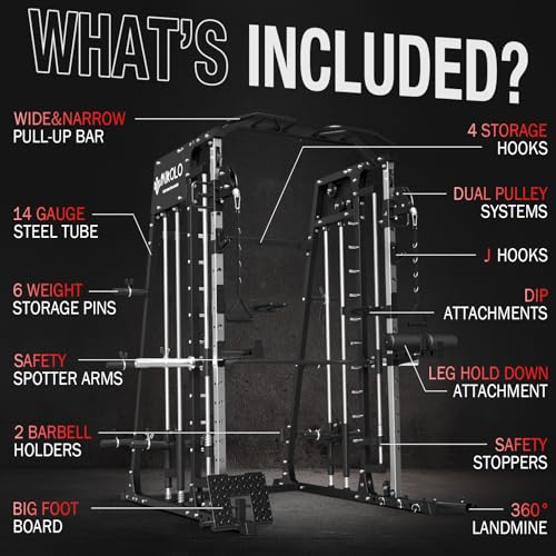 Mikolo Smith Machine, 2200lbs Multi-Function Power Cage Squat Rack with Cable Crossover System and Leg Hold-Down Attachment, Power Rack with 230lbs Olympic Weight Plates Sets, Black