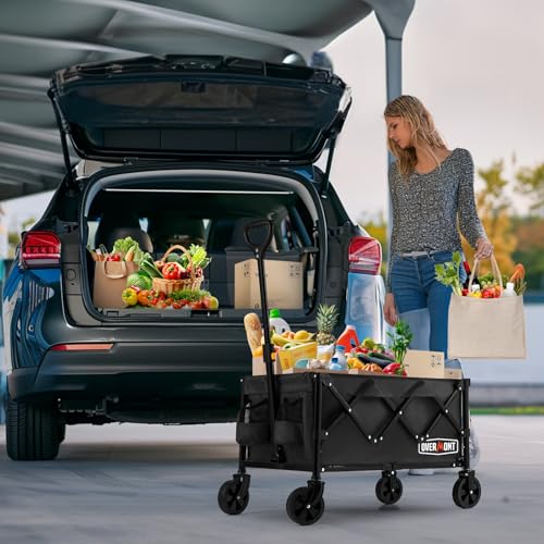 OVERMONT Collapsible Foldable Wagon Cart - 220lbs Extended Heavy Duty Folding Utility Wagons with Wheels - 100L Lightweight Garden Grocery Cart for Shopping, Grocery,Sports,Garden