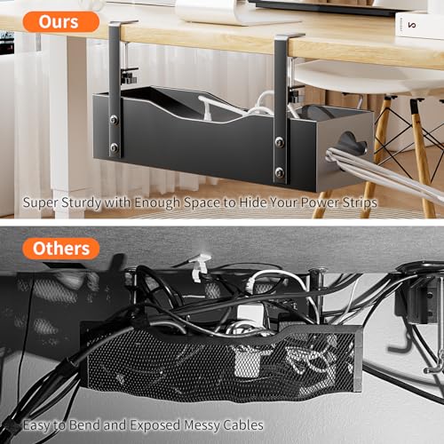 Under Desk Cable Management Tray, Litwaro Cable Management Under Desk No Drill, Cable Rack with Clamp for Desk Wire Management and Desk Cord Organizer, Cable Management Box Under Desk for Home Office