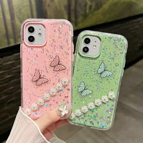 Puxicu Bling Glitter Case for iPhone 14 Pro Case 6.1" for Women Girls, Pretty Butterfly Flash Diamond Relief Pattern, Sparkling Powder Decoration, 3 in 1 Heavy Duty Shockproof Protection, Blue