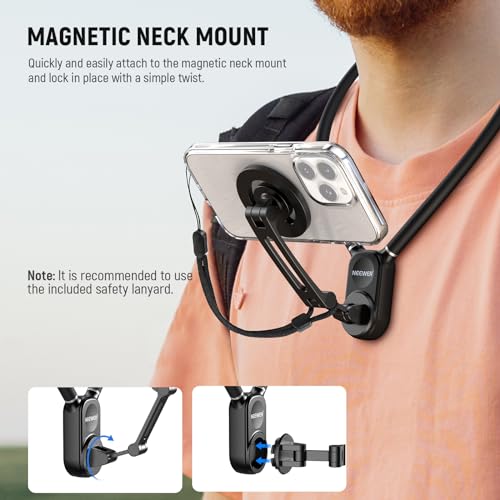 Neewer Magnetic Neck Holder for Action Camera & Phone, Hands Free Neck Tripod Chest Mount Compatible with GoPro DJI Insta360 iPhone 15 Android, Neck Phone Holder for Recording POV Video Vlog, GP16