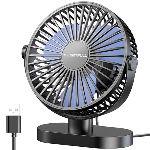 SWEETFULL USB Desk Fan Small Quiet - 3 Speeds Mini Personal Portable Fan 360° Rotation Adjustable, 5 Inch Office Table Cooling Gadgets on Desktop (Black)