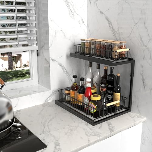 UBTKEY Under Sink Organizer, Pull-Out Cabinet Organizer 2 Tier Slide Out Sink Cabinet Storage Shelves, Under Sink Cabinet Organizer Storage for Kitchen Bathroom, Black