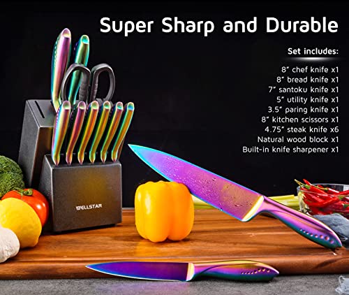 WELLSTAR Rainbow Knife Set 14 Pieces, Iridescent German Stainless Steel Kitchen Knives Set with Wooden Block, Colorful Titanium Coating, Chef’s Knife Block Set with Scissors and Built-in Sharpener