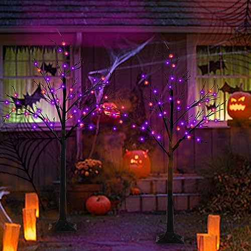 2-Pack 4FT Lighted Black Halloween Tree with 96 LED Orange & Purple Lights (Higher Size & Floor Standing), Halloween Decorations Spooky Tree for Indoor & Outdoor, Home Holiday Party Halloween Decor