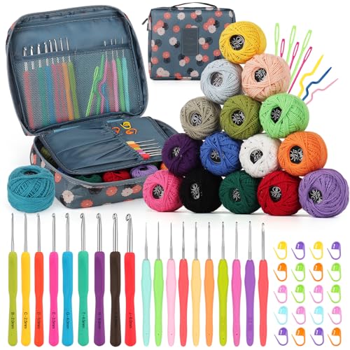 Katech 65 pcs Yarn Crochet Kits - Different Sizes Crochet Hooks Set DIY Yarn Weaving Tools Ergonomic Crochet Needles with 16 pcs Colorful Yarn Skeins for Crochet Lovers to Crochet and Knit (Blue)