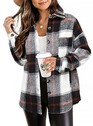 Beaully Women's Flannel Plaid Shirts Long Sleeve Button Down Chest Pocketed Shacket Jacket Coats 6025 Dark Blue Large