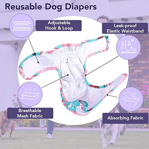 XPCARE Washable Female Dog Diapers, 4 Packs Reusable Doggie Diapers Absorbent Dog Diapers Female Leak-Proof Puppy Diapers Female Dogs for Heat Incontinence and Puppy Training (Medium)