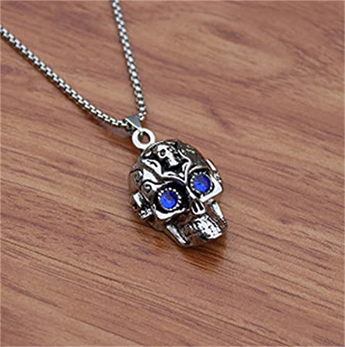 LXSSLY Blue Eye Skull Necklace for Men,Gothic Skull Skeleton Pendant Necklace,Punk Stainless Steel Necklace,Skull Jewelry Gifts for Women Men