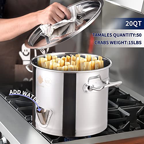 ARC 20QT Stainless Steel Tamale Steamer Pot w/Easy-fill Water Spout, Seafood Crab Steamer with Divider and Steamer Rack, 5 Gallon