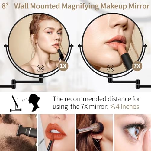 BTremary Wall Mounted Magnifying Makeup Mirror 1X/7X Wall Mount Mirror Swing Arm Two-Sided 360° Swivel Bathroom Shaving Mirror for Men and Women in Hotel/Home