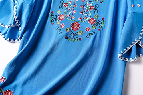 Ashir Aley Mexican Shirts Peasant Blouses Cotton Embroidered 3/4 Sleeve Bohemian Tops Boho Clothes for Women Summer and Fiesta Blue