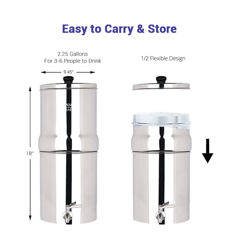 AquaEasy Lite Stainless Steel Gravity Water Filter System (2.25 Gallon) with 2X Activated Carbon Filter, (Glossy) Countertop Water Filtration System