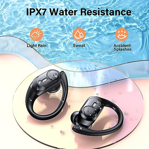 Wireless Earbuds Bluetooth Headphones 70hrs Playback Ear Buds IPX7 Waterproof Wireless Charging Case & Dual Power Display Over-Ear Stereo Bass Earphones with Earhooks for Sport/Workout/Running Blue