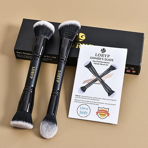 LORYP Black Makeup Brushes 2Pcs Duo End Foundation Powder Brush Set, Blush & Highlighter Brush and Round & Flat Foundation Brush