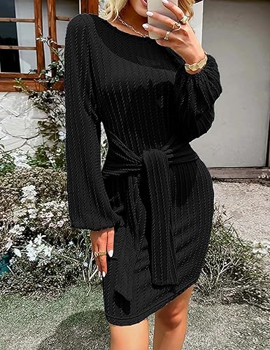 HOTOUCH Womens Knitted Dress O Neck Tie Waist Bodycon Dress Long Sleeve Dress for Womens Winter Dress Sweater Dresses Women Casual Fall Dress Beige Medium