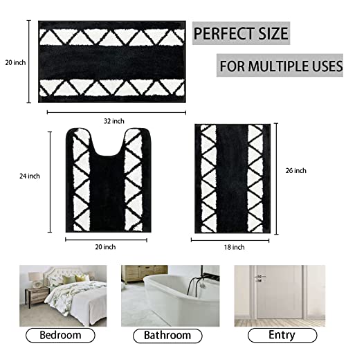 Bathroom Rug Set Shaggy Bath Rugs Set 3 Piece,Non Slip Thick Plush Microfiber Bathroom Carpet, Extra Soft and Absorbent Bathroom Set, Machine Washable, Bath Rugs for Bathroom Tub,Shower, Deep Grey