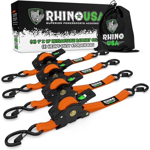 Rhino USA Retractable Ratchet Tie Down Straps (2PK) - 1,209lb Max Break Strength, Includes (2) Ultimate 1" x 10' Autoretract Tie Downs with Padded Handles