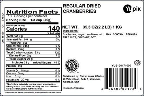 Yupik Dried Cranberries, 2.2 lb, Dried Whole Fruits, Fruity & Tart, Plump & Chewy, Source of Fiber, Healthy Snacks, Ideal for Baking & Topping