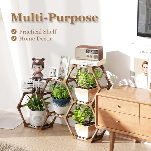 Tikea Plant Stand Indoor Outdoor Hexagonal Corner Plant Stand for Succulents Small Plants Wooden Plant Shelf 7 Tiered Creative DIY Flowers Stand Rack for Living Room Balcony Patio Window