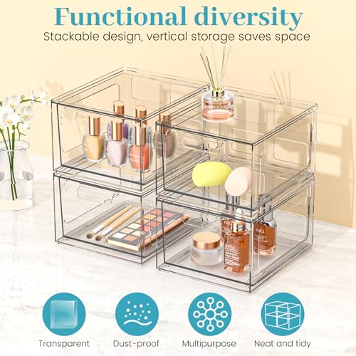 SpaceHacks Stackable Plastic Makeup Organizer Drawers, Acrylic Organizers, Clear Storage Bins with Pull-Out Handles for Vanity, Kitchen Cabinets, Pantry