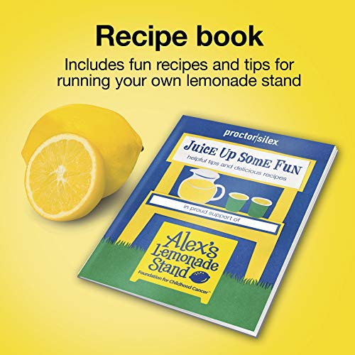 Proctor Silex Alex's Lemonade Stand Electric Citrus Juicer Machine and Squeezer, for Lemons, Limes and Oranges, 34 oz, Includes 2 Reamers & Recipe Book, Yellow, Discontinued