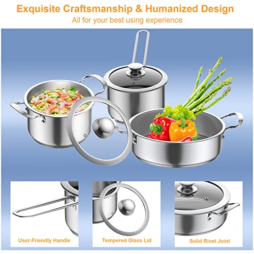 Aufranc Stainless Steel pots and pans set, 6 Piece Nonstick Kitchen Induction Cookware Set,Works with Induction/Electric and Gas Cooktops, Nonstick, Dishwasher