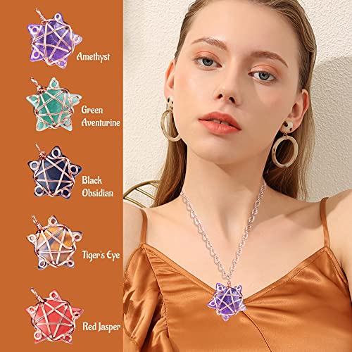 UU UNIHOM Natural Tiger's Eye Quartz Gemstones Five Point Star Necklace Pendant Sliver Gold Wire Wrapped Healing Crystal Necklace Jewelry Crystal Necklaces Pendulum for Women Men