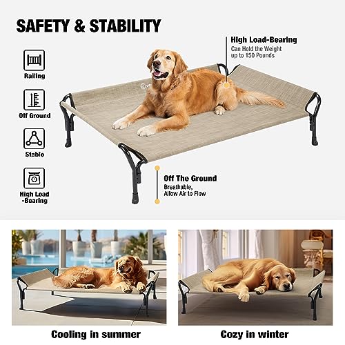 Veehoo Medium Elevated Dog Bed, Guardrail, Non-Slip, Teslin Mesh, 35"L x 26"W x 11"H, Beige Coffee