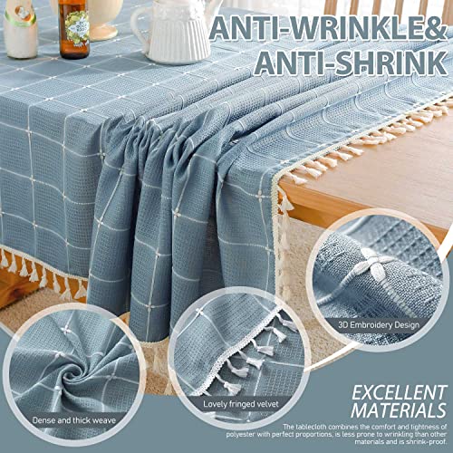 BESBESME Rustic Cotton Blend Plaided Table Cloth Boho Style Cream,Kitchen Dining Room Tablecloths for Square Tables, Washable Wrinkle Resistant,55 x 55 inches,Blue,4 Seats