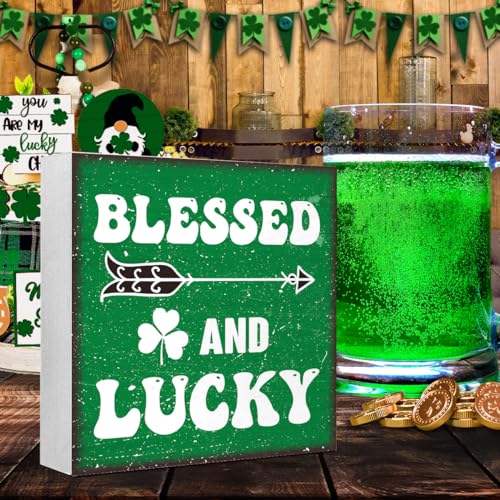 St Patricks Day Shamrock Wood Block Sign,Blessed and Lucky Wood Block Plaque Box Sign for Home Farmhouse Room Office Desk Table Decor,Irish St.Patrick's Day Wooden Box Decor