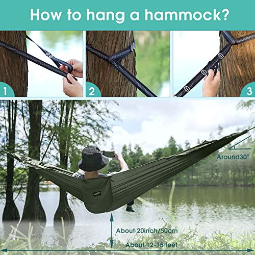 G4Free Large Camping Hammock with Mosquito Net 2 Person Pop-up Parachute Lightweight Hanging Hammocks Tree Straps Swing Hammock Bed for Outdoor Backpacking Backyard Hiking (New Army Green)